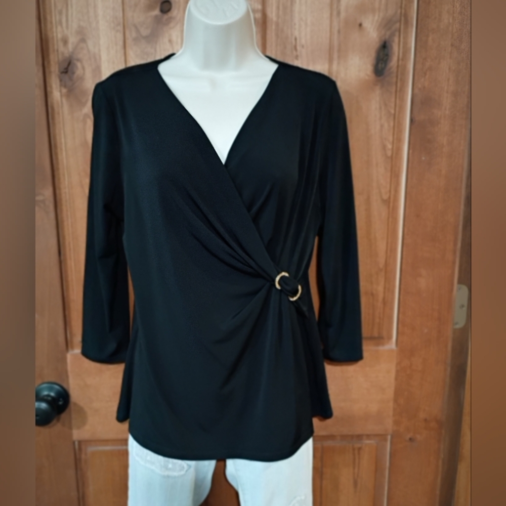 Ivanka Trump Black Faux Wrap Blouse with Ring‎ Detail